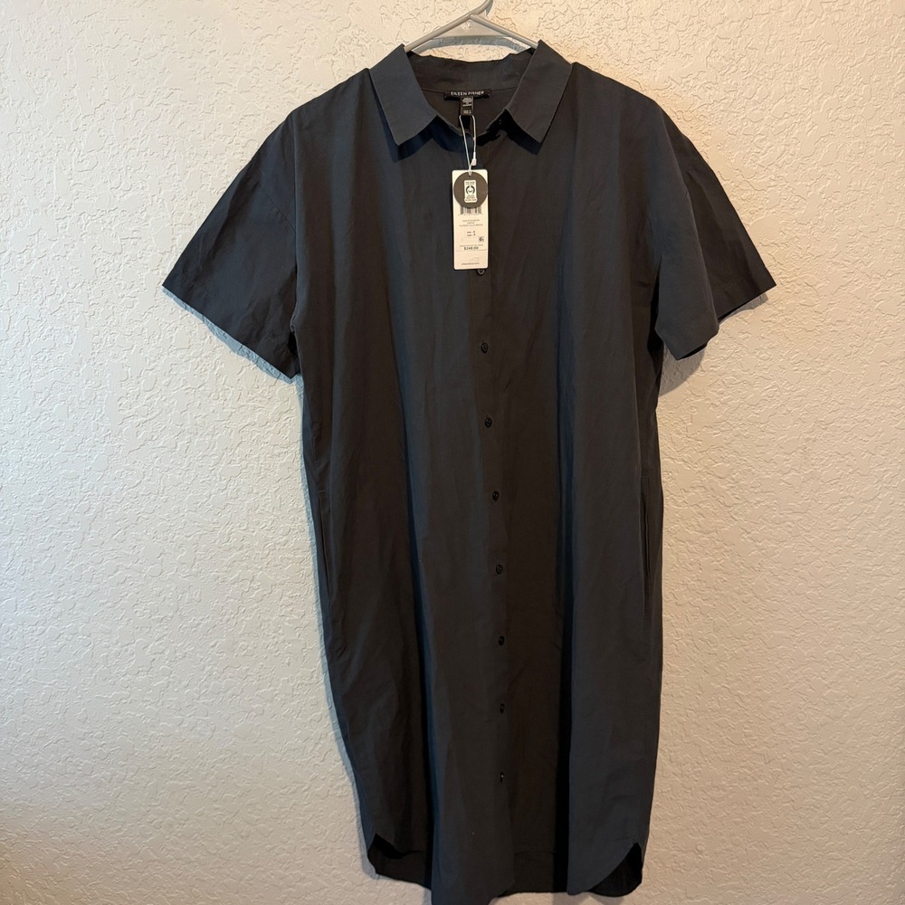 Eileen Fisher Classic Collar Dress Size Small Graphite Organic Cotton Minimalist